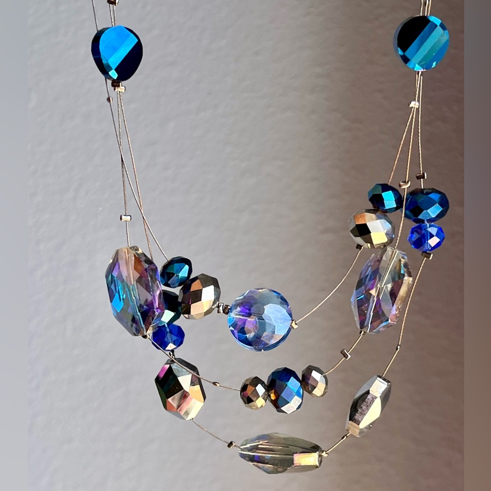 Blue Silver Crystal Triple Strand Layered Adjustable Necklace